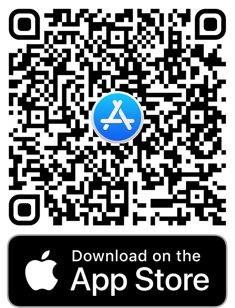A QR code with an App Store logo in the center and a message to download on the App Store.
