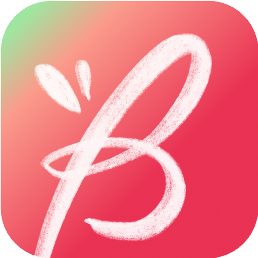 Stylized white letter 'B' with decorative accents on a pink and green gradient background.